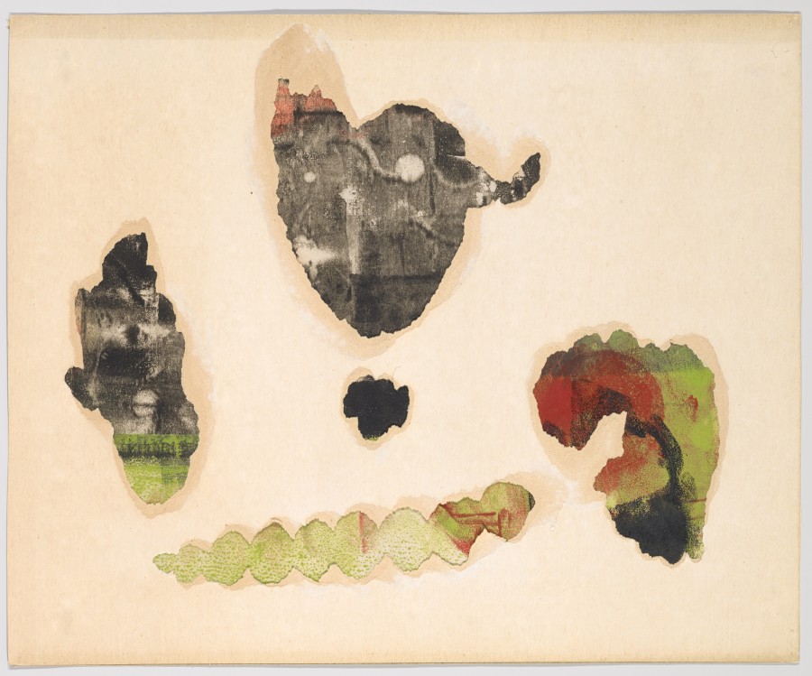 Composition in Black, Red, and Green (Peakaboo), Sari Dienes, 1955, Frottage auf Papier in Passepartout mit gerissenen Öffnungen, Blatt: 48.5 x 59.2 cm, Inv. 2016.102, Creditline: Kunstmuseum Basel- Ewige Dauerleihgabe der Hüni-Michel-Stiftung an das Kunstmuseum Basel, Photo Credit: Kunstmuseum Basel - Martin P. Bühle