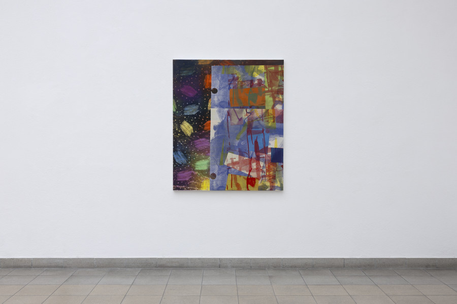 Rochelle Feinstein, The Today Show, installation view, Kunsthaus Glarus, 2025. Photo: Gina Folly. Courtesy the artist and Candice Madey Gallery. Memory Hole #6, 2003–2024, UV print, acrylic, silkscreen on muslin on Kozo paper on canvas, 127 x 106.7 cm / 50 x 42 in