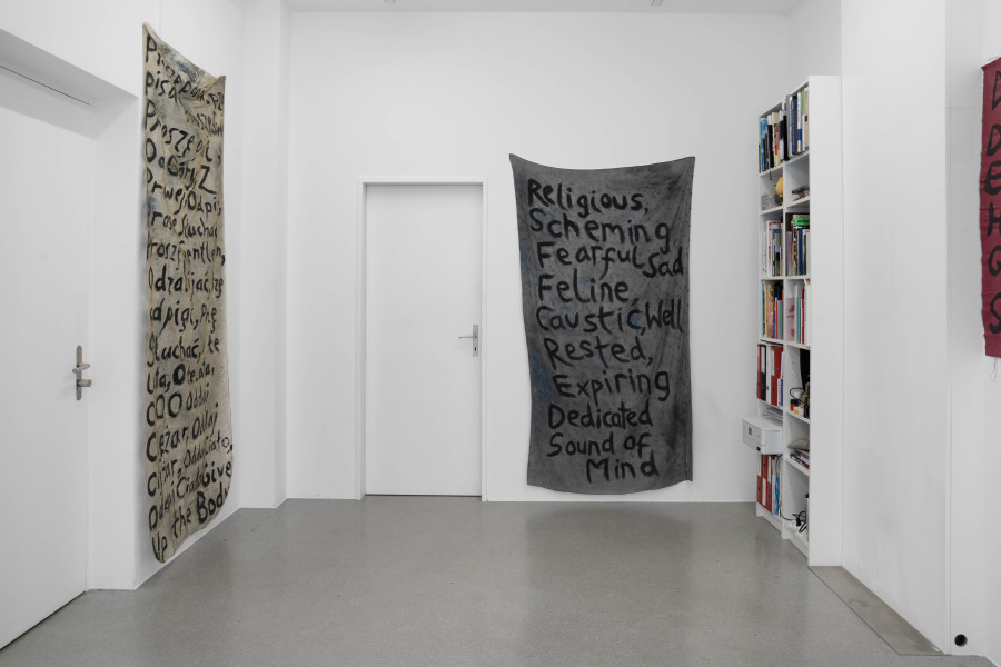 Billy Morgan, Clockwise: Red Letters (Panów), 2025, Red Letters (Religious), 2025, Red Letters (Hubris), 2025. Installation view from the solo show Lackadaisies, curated by marytwo. jevouspropose, Zurich, 2025. Courtesy the artist and marytwo, photo: marytwo, Elvira Baettig