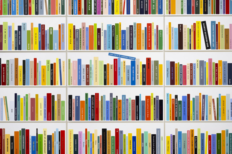 Exhibition view, John Wood & Paul Harrison, Love Songs for Desperados, detail view of, Some Painted Books, 2025, von Bartha, Basel, 2025. Photo: Andreas Zimmermann / von Bartha