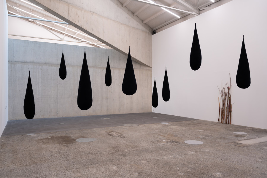 Eva Lootz. Lágrimas negras, 1997. Sin título (Ramas con nudos de bronce), 1994. Courtesy the artist. Ausstellungsansicht / Installation view Kunsthaus Baselland 2025. Foto / Photo: Finn Curry