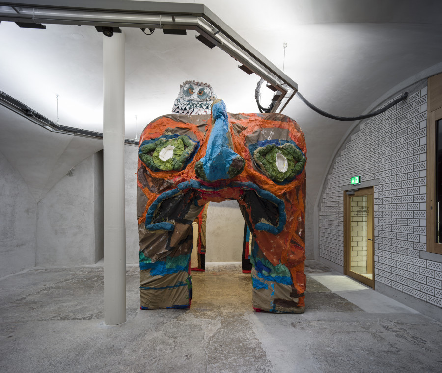 Exhibition view Monster Chetwynd «Profusion Protrusion», Cabaret Voltaire 2023; Monster Chetwynd, Il Tetto, 2017. Photo: Cedric Mussano.
