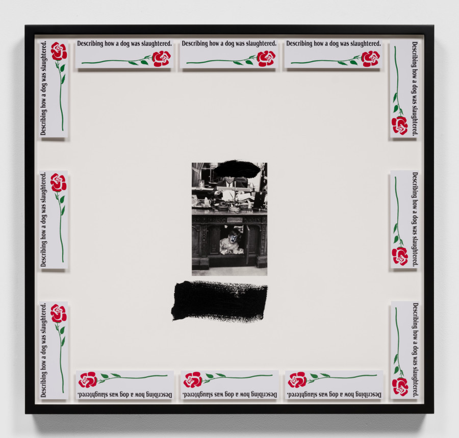 Jordan Wolfson, Untitled, 2020. Archival inkjet print with enamel paint and marker, in powder-coated aluminum artist’s frame with decals, 45 x 41 x 3 inches (114.3 x 104.1 x 7.6 cm). © Jordan Wolfson. Photo: Ed Mumford. Courtesy the artist and Gagosian