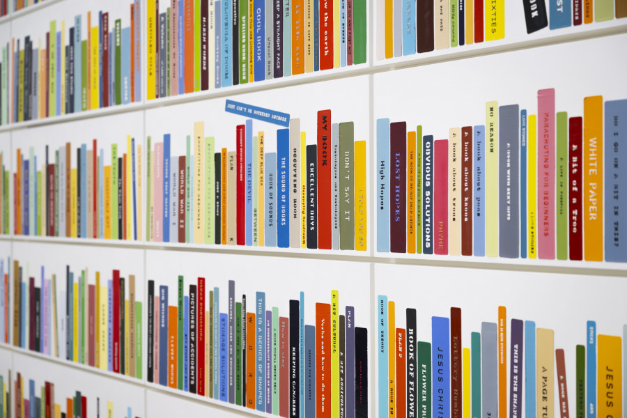 Exhibition view, John Wood & Paul Harrison, Love Songs for Desperados, detail view of, Some Painted Books, 2025, von Bartha, Basel, 2025. Photo: Andreas Zimmermann / von Bartha