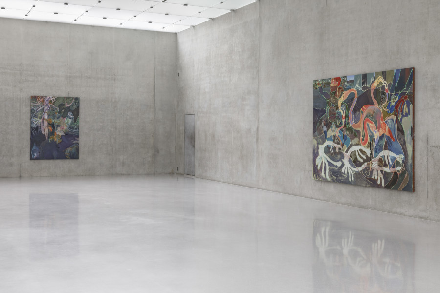 Michael Armitage, Installation view third floor Kunsthaus Bregenz, 2023. Photo: Markus Tretter. Courtesy of the artist, Fondation Beyerle, Riehen/Basel and White Cube. © Michael Armitage, Kunsthaus Bregenz