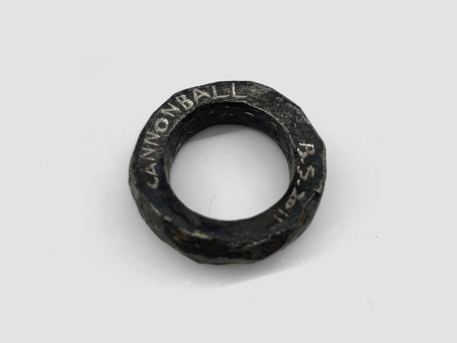 Bernhard Schobinger, Cannonball Ring, 2010, Ring made of medieval cannonball iron (16th century), forged without joints, 2.6 x 2.3 x 1 cm, Ring size 16, inner ⌀ 1.7 cm