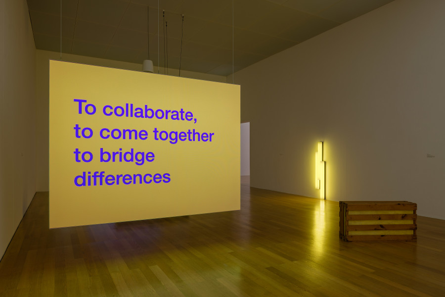 Installation view, Tony Cokes, Let Yourself Be Free, Kunstmuseum Liechtenstein, 2025-2026. Works by Tony Cokes, Dan Flavin, Gary Kuehn. Photo credit: kunst-dokumentation.com. © Tony Cokes / Gary Kuehn / 2025, ProLitteris, Zurich / Kunstmuseum Liechtenstein