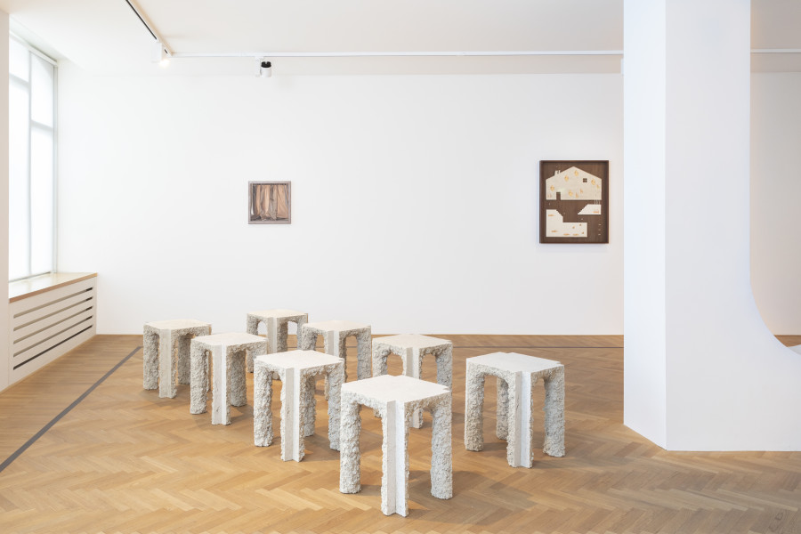 Installation shots of Interior" with works by Elena Alonso, EJR Barnes, Christian Hidaka, Caitlin MacBride, Kilian Rüthemann, Sam Stewart, Laila Tara H, Raphaël Zarka, exhibited at Galerie Fabian Lang, Zurich, (21 April 2023 - 2 June 2023). Credit: Courtesy of the artists and Galerie Fabian Lang. Copyright: © Fabian Lang