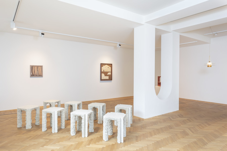Installation shots of Interior" with works by Elena Alonso, EJR Barnes, Christian Hidaka, Caitlin MacBride, Kilian Rüthemann, Sam Stewart, Laila Tara H, Raphaël Zarka, exhibited at Galerie Fabian Lang, Zurich, (21 April 2023 - 2 June 2023). Credit: Courtesy of the artists and Galerie Fabian Lang. Copyright: © Fabian Lang