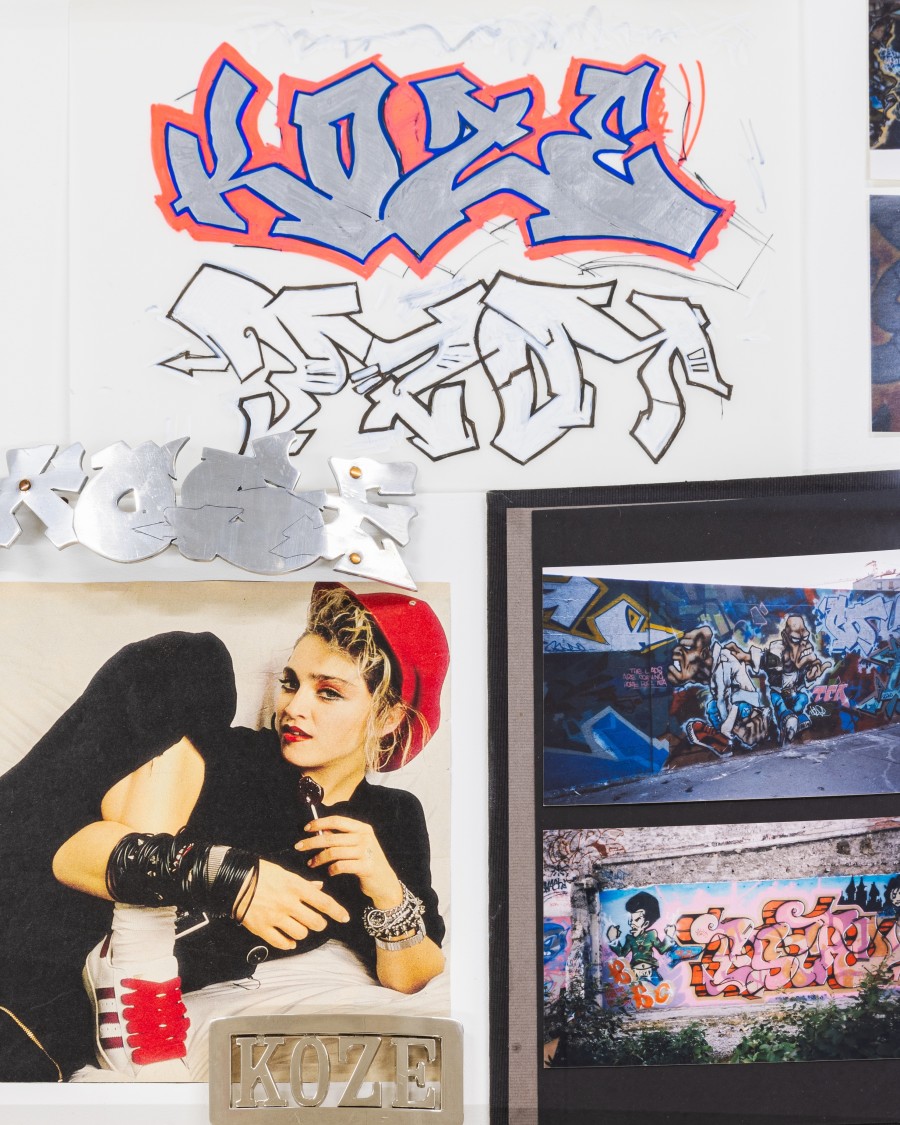 Exhibition view « La déferlante hip hop », (l. to r.) Koze and Sena archives, details, 1983-1985, CALM – Centre d’Art La Meute, Lausanne, Switzerland, 2025 / Photo: Théo Dufloo / Courtesy of the artists.