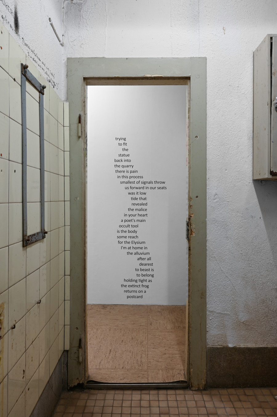 CAConrad, "Poem from First Light" (installation view), 2025, dimensions variable, CAConrad, Jan Domicz, Gina Folly, Germaine Koh, Devin T. Mays, Sean Morel (organized by u), "Brain in a Pipe" at Kaiserwache, Freiburg im Breisgau, 2026. Images courtesy of the artists and Kaiserwache. Photo: Stefan Lux.