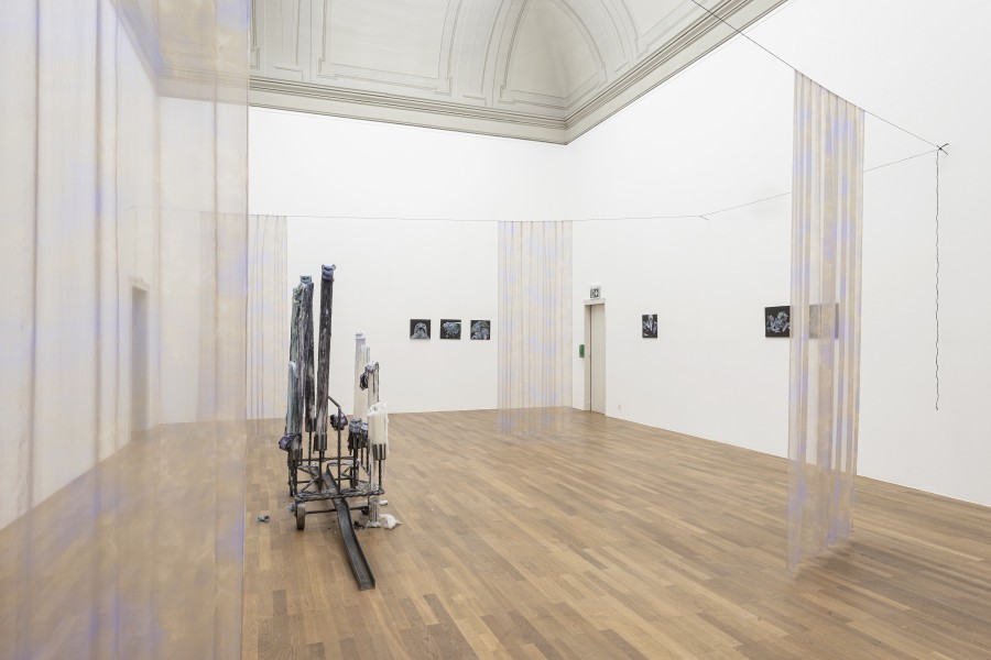 Pauline Curnier Jardin, Durata di cera (Was man aus Liebe tut)/ La notte del 17 novembre, 2022 (in the front) and Was man aus Liebe tut, 2022 (behind). Exhibition view Kunsthalle Winterthur, 2023. Foto: Christian Schwager © 2023 Kunsthalle Winterthur / Pauline Curnier Jardin / ChertLüdde