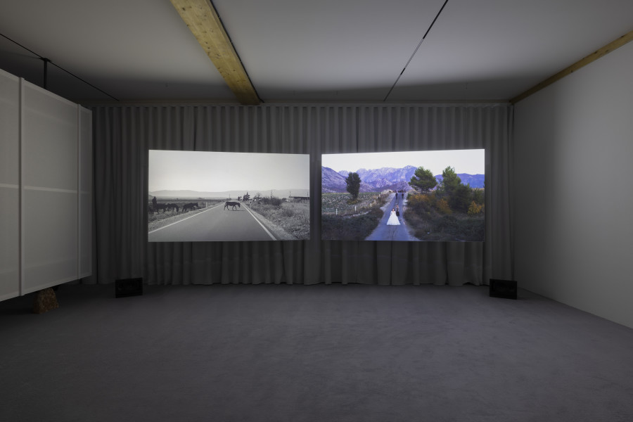Adrian Paci, The Wanderers, 2021. Installation view of “Lantern With No Walls”, Fondazione In Between Art Film at Tarmak 22, Gstaad, 2024. Courtesy of the artist; kaufmann repetto, Milan/New York; Peter Kilchmann Gallery, Zurich; and Fondazione In Between Art Film. Photo: Andrea Rossetti