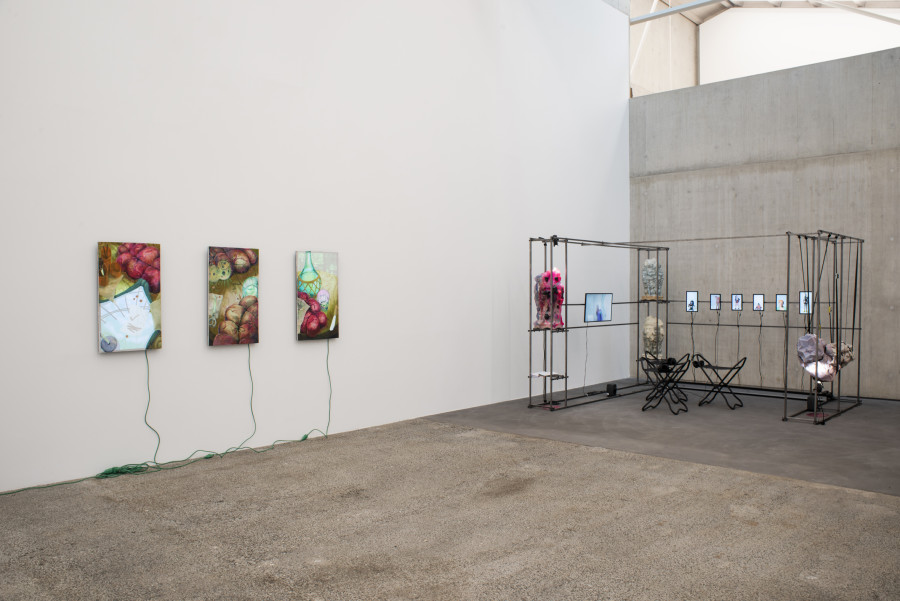 Anastasia Müller, Becoming Campaspe, 2025; Linus Weber, Simulacrum 5–7, 2025, Installation view Revolt Against the Sun!, Graduation Exhibition Bachelor and Master Institute Art Gender Nature HGK Basel FHNW, Kunsthaus Baselland, 2025, photo: Christian Knörr