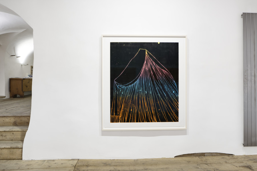 Andrea Büttner, , Tent (psychedelic), 2012, Woodcut on paper, 155 x 140 cm / 165.5 x 149 cm (framed). Photo: Ralph Feiner, Courtesy of the artists and Galerie Tschudi