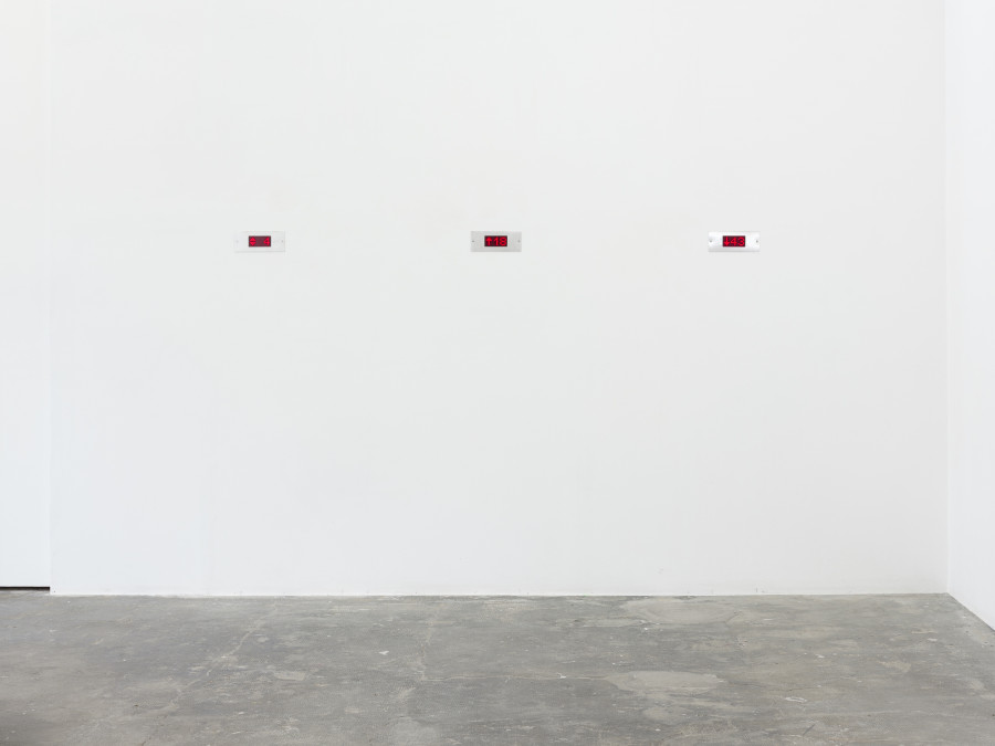 From left to right: Gabriele Garavaglia, Dial (4), 2023, active dial, logic module, video, 22 × 9cm. Gabriele Garavaglia, Dial (All The Way Up), 2023, active dial, logic module, video, 22 × 9cm. Gabriele Garavaglia, Dial (All The Way Down), 2023, active dial, logic module, video, 22 × 9cm. © Sebastien Verdon