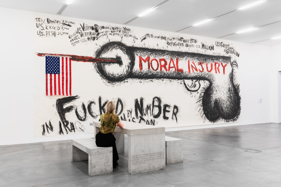 Exhibition view Acts of Friendship – Act 3, Migros Museum für Gegenwartskunst, Judith Bernstein, FUCKED BY NUMBER, 2013, © the artist, Teresa Margolles, Mesa y dos bancos, 2013, © the artist, Sammlung Migros Museum für Gegenwartskunst. Photo: Flavio Karrer