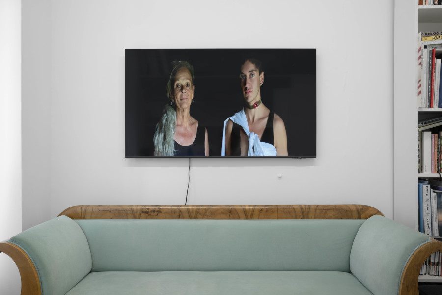 Billy Morgan, Taurus, 2022, 2-channel video installation, 16:9 (colour, sound), 24‘30‘‘. Installation view from the solo show Lackadaisies, curated by marytwo, jevouspropose, Zurich, 2025. Courtesy the artist and marytwo, photo: marytwo, Elvira Baettig