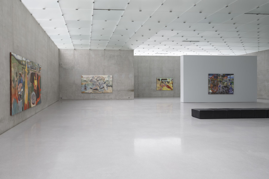 Michael Armitage, Installation view third floor Kunsthaus Bregenz, 2023. Photo: Markus Tretter. Courtesy of the artist, Christen Sveaas Art Collection, The Museum of Contemporary Art, Los Angeles, Private Collection and White Cube. © Michael Armitage, Kunsthaus Bregenz