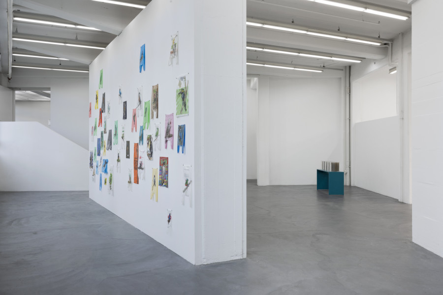 Stefan Auf der Maur, Human Legacy, 2019-2023, Öl auf Plastiksack, Masse variabel. Dadi Wirz, 86 Rivers, 2020–2021 Farbstift-Zeichnungen auf Karton je 28 × 15 cm. Installation view Kunsthaus Baselland. Photo: Gina Folly