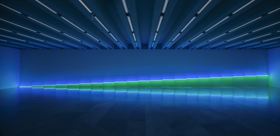 Dan Flavin, untitled (to my dear bitch, Airily) 2, 1984, blue and green fluorescent light. © Stephen Flavin / 2024, ProLitteris, Zurich. The Dan Flavin Estate, courtesy of David Zwirner. Photo Credit: Florian Holzherr