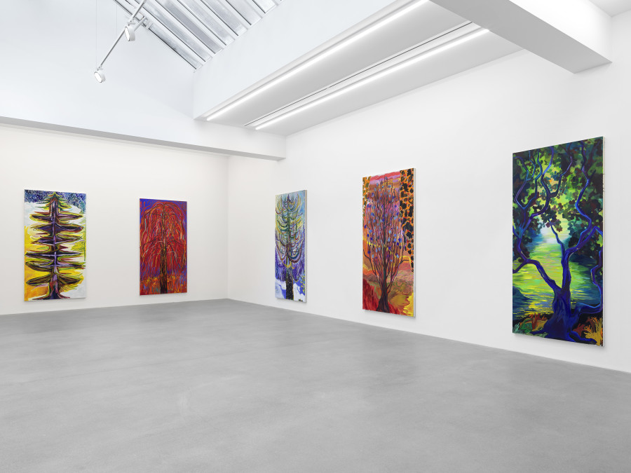 Installation view, Shara Hughes, Tree Farm, Galerie Eva Presenhuber, Waldmannstrasse, Zurich, 2024. © Shara Hughes. Courtesy the artist and Galerie Eva Presenhuber, Zurich / Vienna. Photo: Stefan Altenburger Photography, Zürich