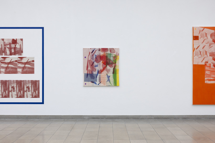 Rochelle Feinstein, The Today Show, installation view, Kunsthaus Glarus, 2025. Photo: Gina Folly. Courtesy the artist and Candice Madey Gallery. Trauma Buddies, Red, Detail / detail, 2024, UV print on fabric, blue painters tape, 213.4 x 208.3 cm / 84 x 82 in. Mind Map, 2024, Acrylic, silkscreen on muslin, Kozo paper on canvas, 101.6 x 96.5 cm / 40 x 38 in. Present Perfect, Detail / detail, 2024, Acrylic, hand dyed yarn, silkscreen on muslin and Kozo paper on canvas, 213.4 x 208.3 cm / 84 x 82 in