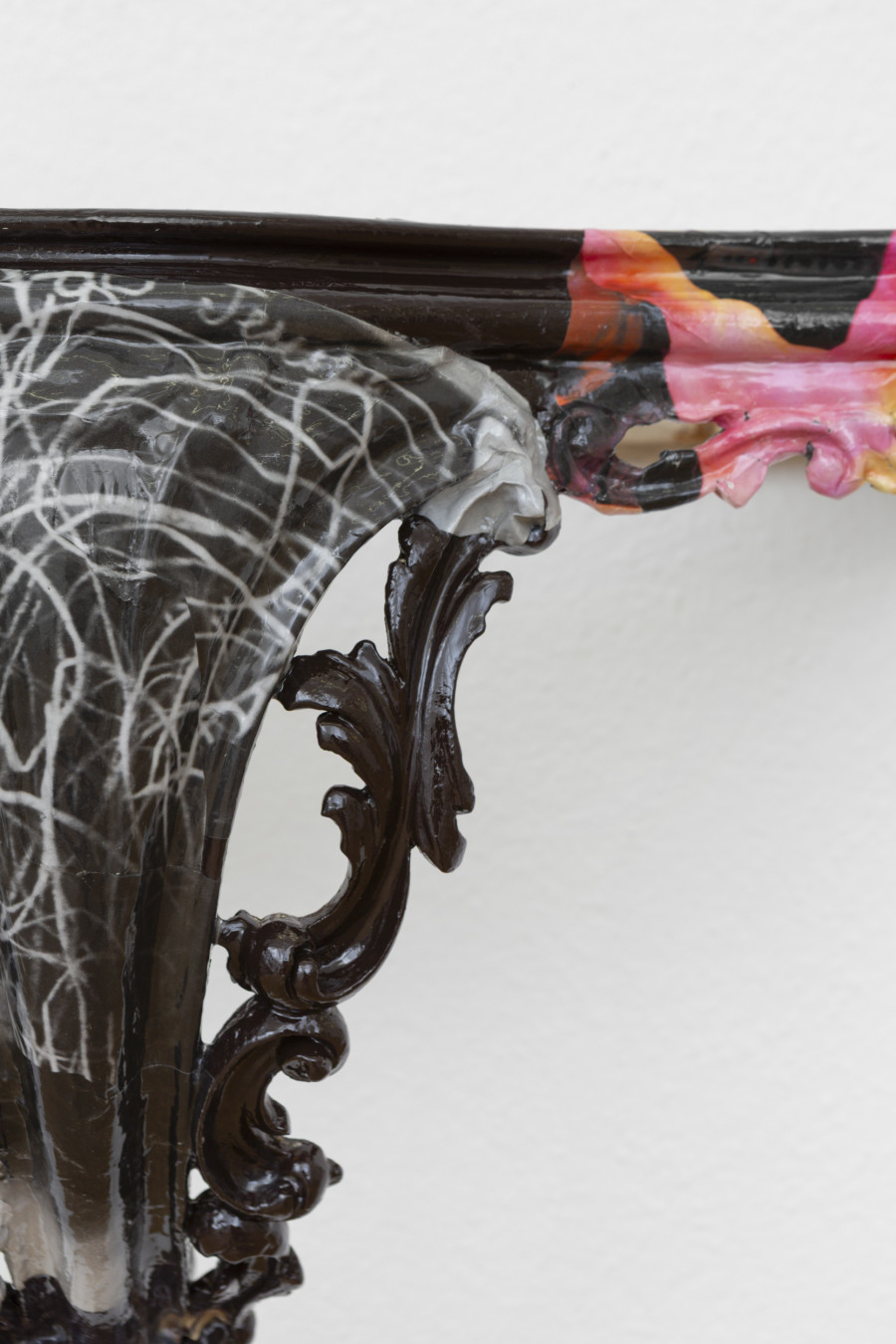 Virginia Ariu, Secret twins, 2025, Wood, magazine clippings, varnish, primer, vinyl glue, 64 x 58.5 x 30 cm. Exhibition view, Virginia Ariu, Exercises of Abstraction, Sentiment, Zürich, 2025. Photo credit: Philipp Rupp / Julien Gremaud. Courtesy of the artist and Sentiment