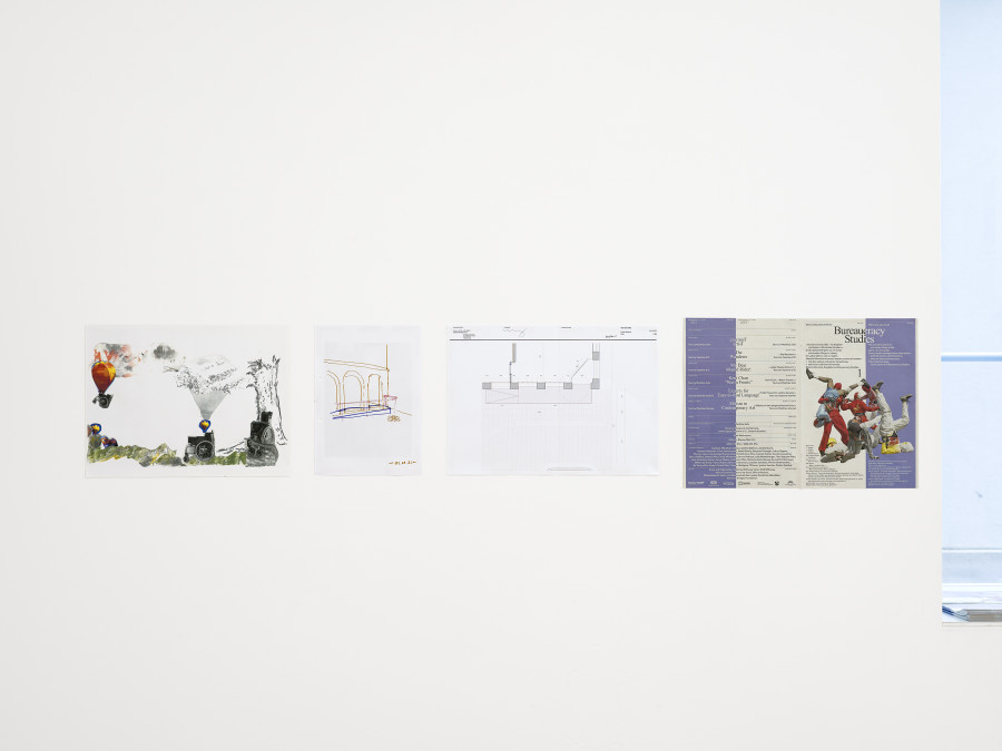 Matthias Sohr, Bureaucracy Studies, Journal of Bureaucracy Studies, Ausgabe / Issue 1 (Seiten / pages 1 & 16), Offset-Druck auf Zeitungs-Papier / Offset print on light paper, 2022; Helga Stübbe, ohne Titel / untitled, Collage, Photo-Kopie / photocopy, 2018; Philippe Le Roy mit/with Matthias Sohr & Collectif eeeeh !, ohne Titel / untitled (Rampe für / ramp for Espace eeeeh ! Nyon), Architektur-Plan, 2021; Philippe Le Roy mit/with Matthias Sohr & Collectif eeeeh ! ohne Titel / untitled (Rampe für / ramp for Espace eeeeh ! Nyon), Filz-Stift auf Papier / Felt pen on paper, 2021 / Photo: Cedric Mussano / Courtesy: The artist and Kirchgasse Gallery