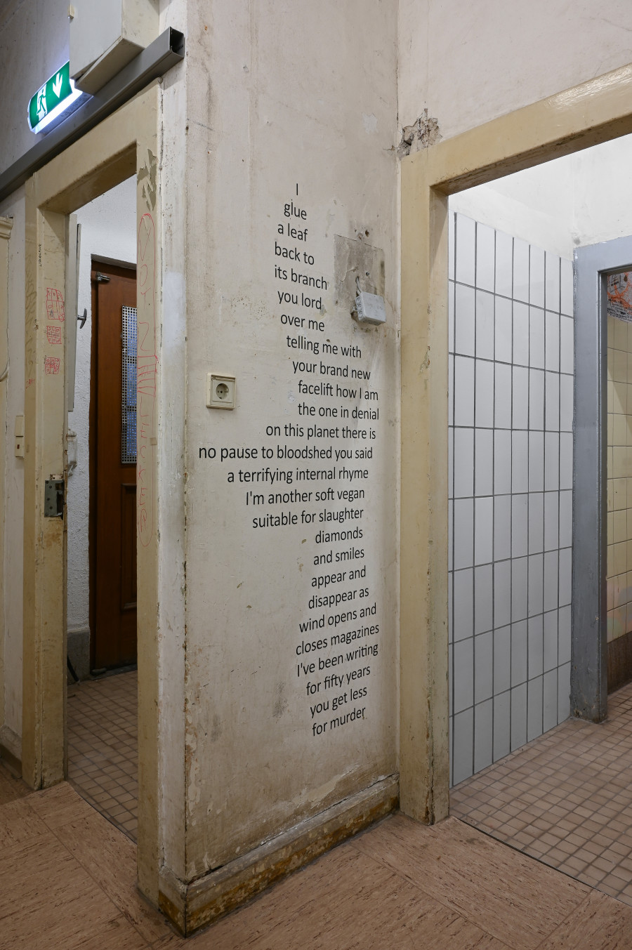 CAConrad, "Poem from First Light" (installation view), 2025, dimensions variable, CAConrad, Jan Domicz, Gina Folly, Germaine Koh, Devin T. Mays, Sean Morel (organized by u), "Brain in a Pipe" at Kaiserwache, Freiburg im Breisgau, 2026. Images courtesy of the artists and Kaiserwache. Photo: Stefan Lux.