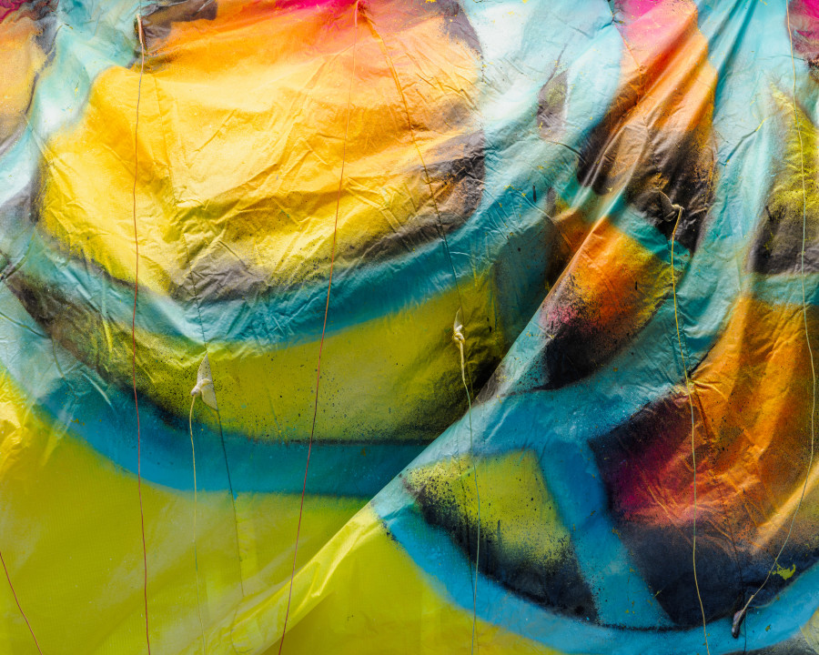 Exhibition view « La déferlante hip hop », César Bilavie, Les mangroves célestes, 2025, dimensions variable, spray on paraglider canvas, detail, CALM - Centre d'Art La Meute, Lausanne, Switzerland, 2025 / Photo: Théo Dufloo / Courtesy of the artist.
