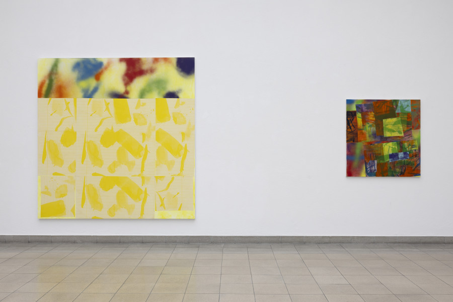 Rochelle Feinstein, The Today Show, installation view, Kunsthaus Glarus, 2025. Photo: Gina Folly. Courtesy the artist and Candice Madey Gallery. Present Continuous, 2024, Acrylic spray paint, silkscreen on muslin on canvas, 213.4 x 208.3 cm / 84 x 82 in. Boundary Issues, 2024, Acrylic, acrylic spray paint, silkscreen on muslin, Kozo paper on canvas, 101.6 x 96.5 cm / 40 x 38 in