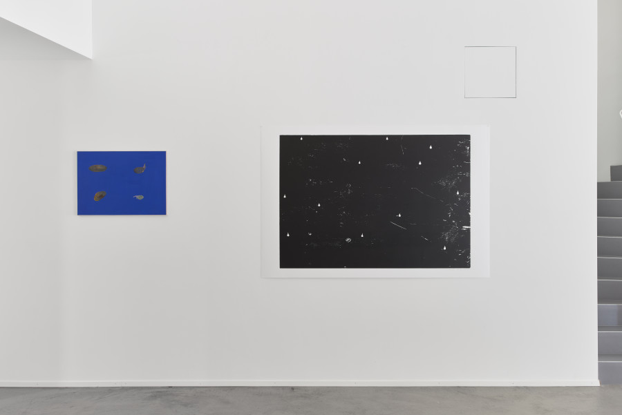 Andrea Büttner, Potatoes, 2020, gouache painting, 50 x 71 x 3 cm (framed). Tears, 2010, woodcut on paper, 120 x 180 cm, Ed. of 10 (+2AP). Photo: Max Ehrengruber, Courtesy of the artist and Galerie Tschudi