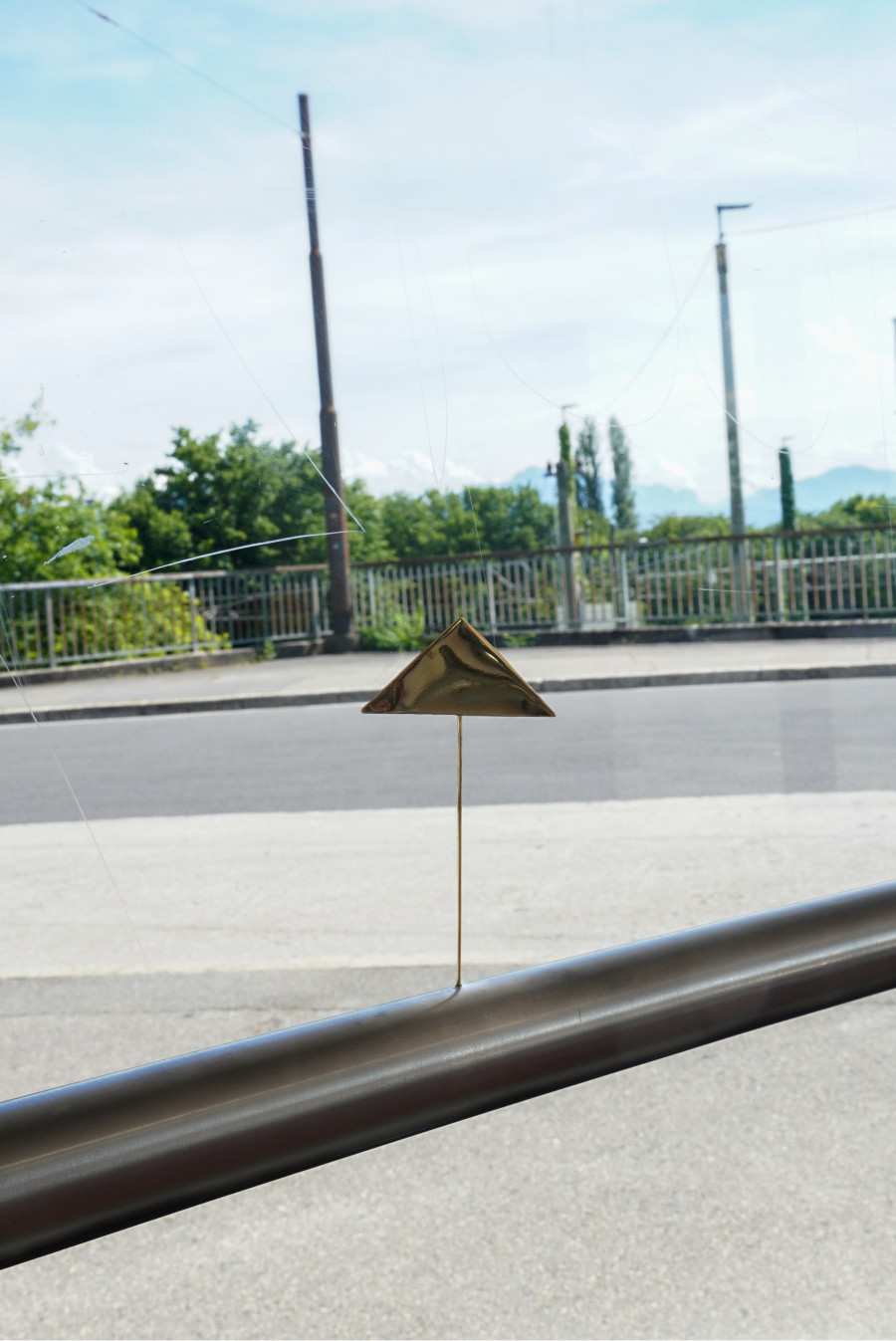 Exhibition view, Where we haven t been, 13 Vitrine, Lausanne, 2025. Una Björg Magnúsdóttir, Pin 2, 2025, 15 x 2 cm - brass