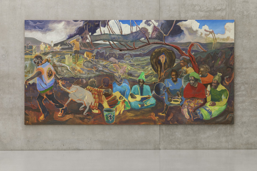 Michael Armitage, Dandora (Xala, Musicians), 2022, Installation view first floor Kunsthaus Bregenz, 2023. Photo: Markus Tretter. Courtesy of the artist and Pinault Collection. © Michael Armitage, Kunsthaus Bregenz