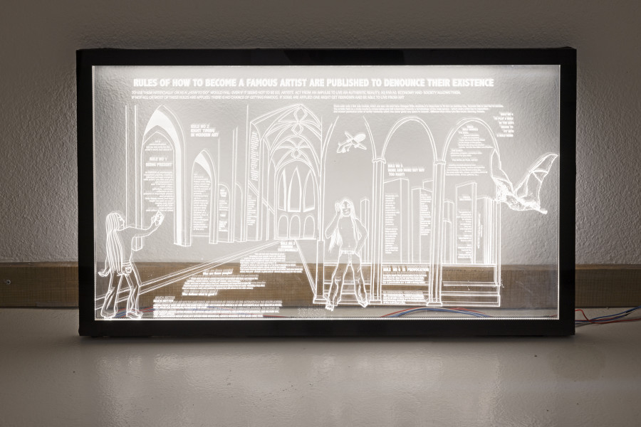 Linda Bilda, Die goldene Welt, installation view, Kunsthaus Glarus, 2025. Photo: Gina Folly. How to become a famous Artist oder “Le Petit Verre”, 2016, LightGlass, engraved, illuminated with LED, 80 x 100 x 3 cm, Estate Linda Bilda