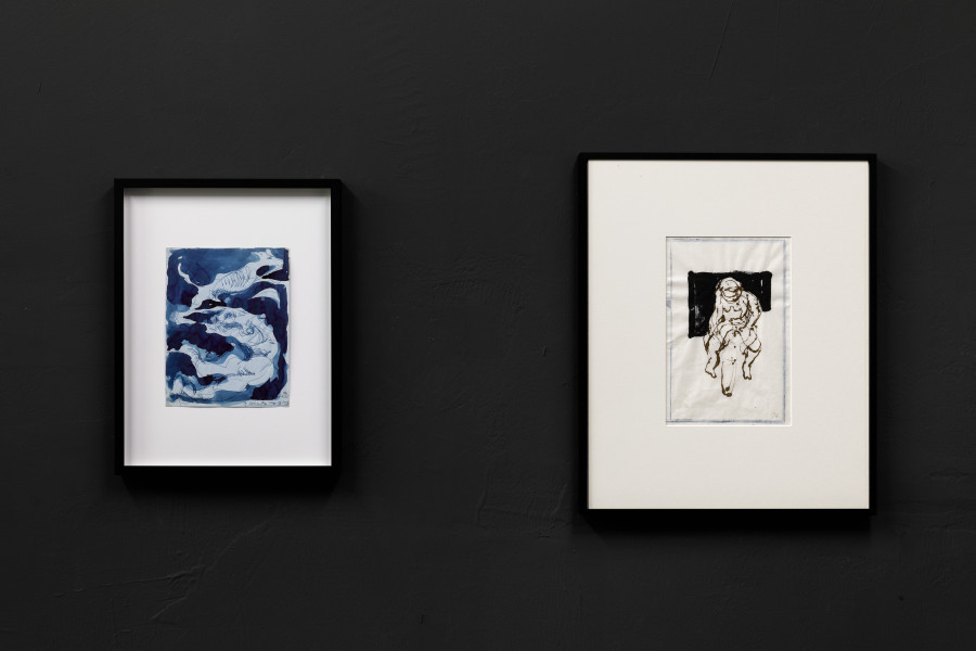 From left to right: John Berger, Biker with black backdrop, 1998, ink on paper, 26.5 x 18 cm John Berger, O loose the dogs of love, 1961, ink on paper, 17.5 x 22.5 cm Photo: Kilian Bannwart