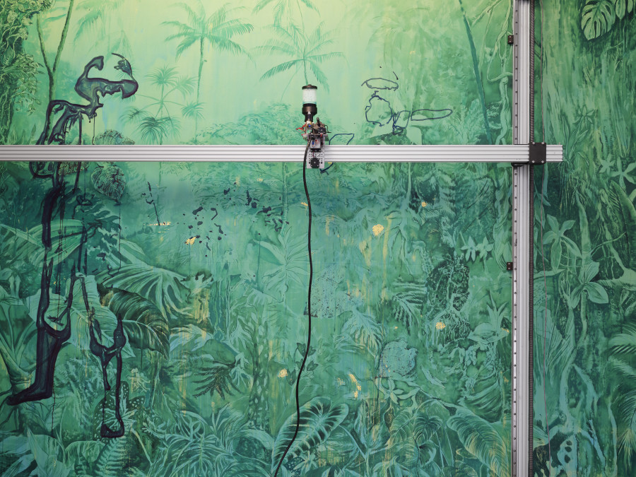 Bagus Pandega and Kei Imazu, Artificial Green by Nature Green v.5, detail, in: Bagus Pandega, Sumber Alam, Kunsthalle Basel, 2025, photo: Philipp Hänger / Kunsthalle Basel