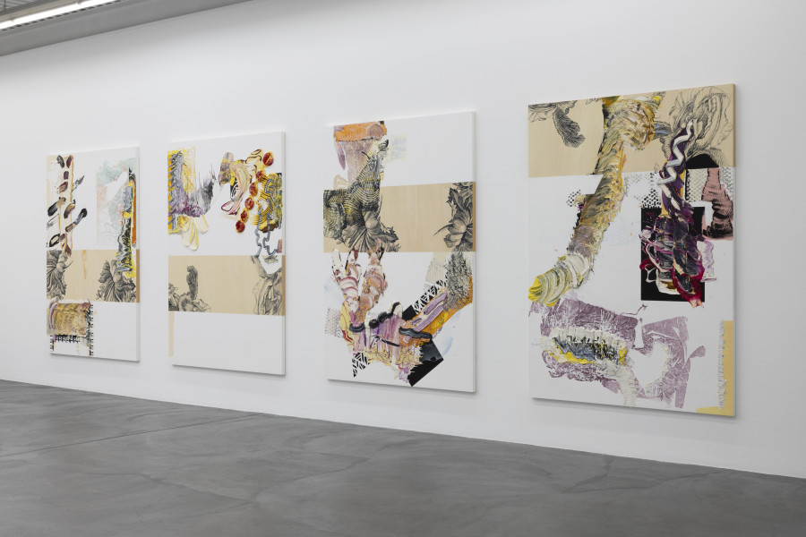 Pia Fries, schwarze blumen erucarum ortus, 2005, je 240 x 170 cm. Ölfarbe, Siebdruck, Holz. Courtesy: Pia Fries Ausstellungsansicht / Installation view Kunsthaus Baselland 2023. Foto / Photo: Gina Folly © Pia Fries / 2023 ProLitteris, Zürich