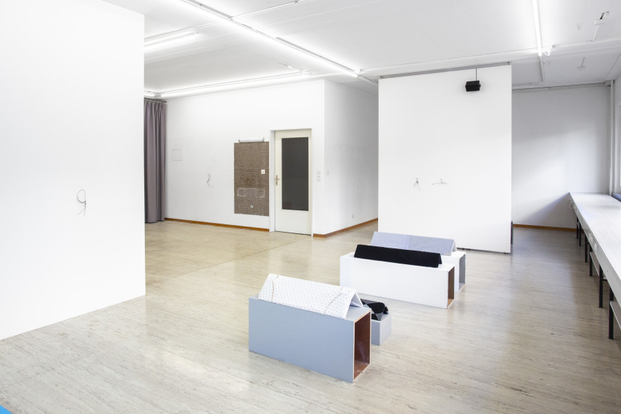 Installation view, Recessment, Stretcher, Basel, 2025. [l.t.r.] Edit Oderbolz: Together 2024 | Hallvard Nuland: I Only Wanted Something Else to do but Hang Around 2023/2025 | Luzie Meyer: Period Piece 2021. Courtesy of the artists and Stretcher. Photo: Nina Rieben