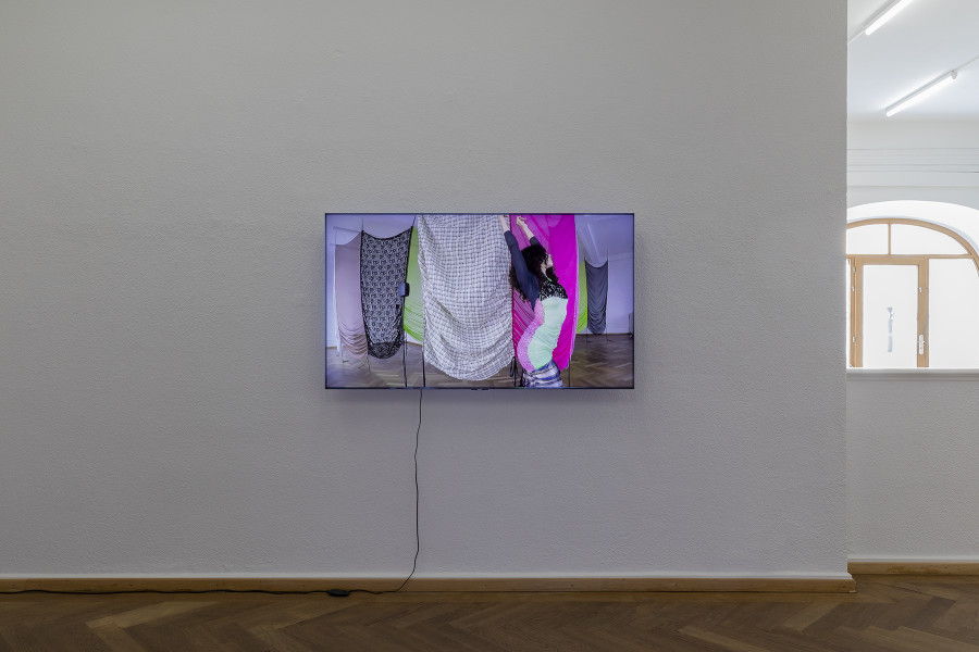 Lara Dâmaso, to the unborn: catharsis, 2022. 3-video installation with silk curtain and satin ribbons. With the collaboration of Blanca Bianchi. Credit photo: © Guadelupe Ruiz