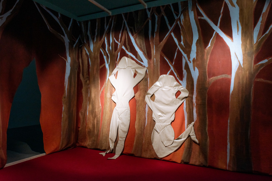 Pauline Curnier Jardin, Peaux de Dames in the hot flashes Forest, 2019; Qu’un sang impur / Ausgeblutet / Bled Out, 2019. Ausstellungsansichten / vues d’exposition / exhibition views Kunsthaus Centre d’art Pasquart 2023. Fotos / photos Lea Kunz