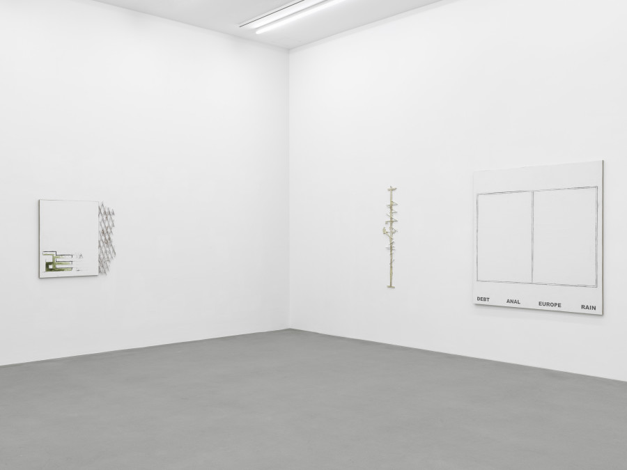 Installation view, Matias Faldbakken, Abstracts and Pewter Abstracts, Galerie Eva Presenhuber, Waldmannstrasse, Zurich, 2025. © Matias Faldbakken. Courtesy the artist and Galerie Eva Presenhuber, Zurich / Vienna. Photo: Stefan Altenburger Photography, Zürich