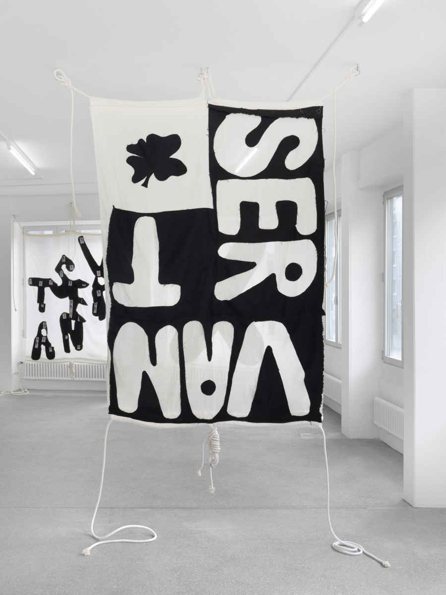 Mélanie Matranga, Servant, 2024. Embroidery fabric, thin felt, rope, stable rings, 200 x 150 cm, 78 3/4 x 59 in. Courtesy the artist and Karma International, Zurich. Photo: Annik Wetter