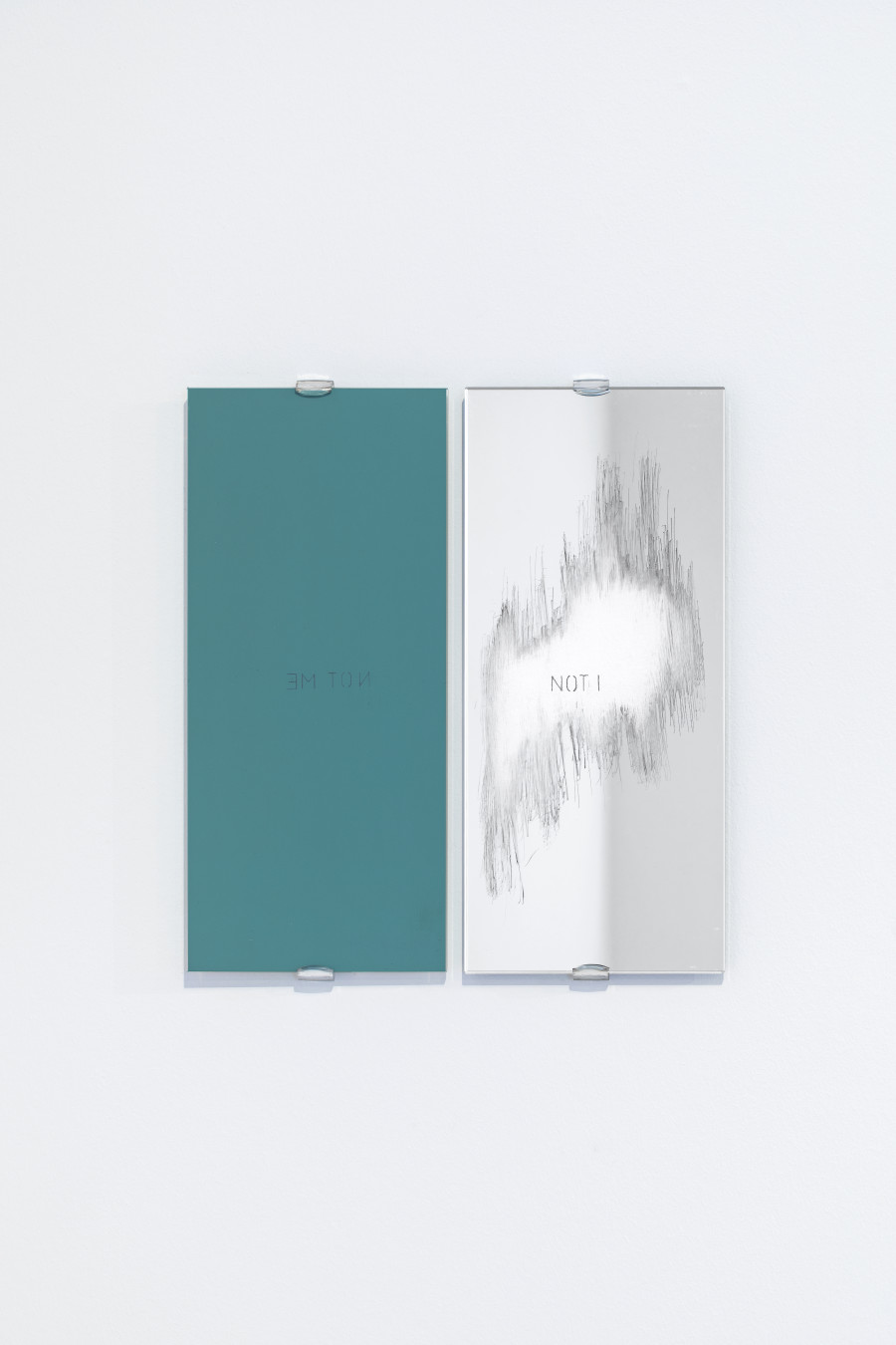 Vittorio Santoro, A Clear Scraped Mirror (Le miroir; Le psychopathe; La normalité), 2022, Two white mirror panels, one with its silver coating partially scraped off, Pencil on Wall and on the back of the mirror, 36 x 32 x 0.6 cm. Photo: Kilian Bannwart