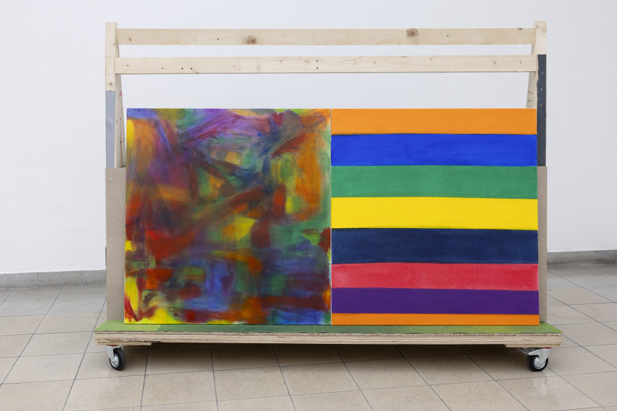 Rochelle Feinstein, The Today Show, installation view, Kunsthaus Glarus, 2025. Photo: Gina Folly. Courtesy the artist and Candice Madey Gallery. Palette, 2024, Acrylic on canvas Dyptichon, 101.6 x 193 cm / 40 x 76 in