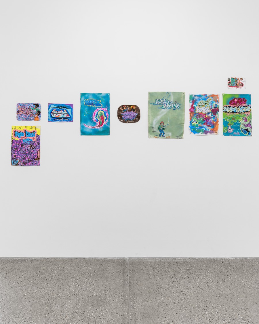 Exhibition view « La déferlante hip hop », Koze and Sena, Jacket canvas, 1984-1989, variable dimensions, acrylic and spray on canvas, CALM - Centre d'Art La Meute, Lausanne, Switzerland, 2025 / Photo: Théo Dufloo / Courtesy of the artists.