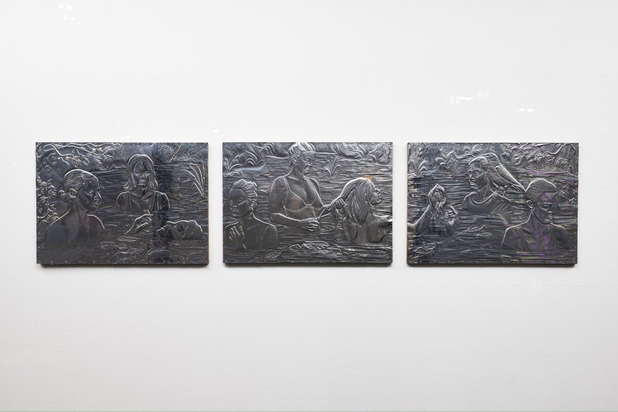 Paula Santomé, All out Pixie Cut, 2023. Handmade aluminium embossing, apple tree wood. Triptych. 57 x 80 cm each. Unique. Photographer: Moritz Schermach. Courtesy of the artist and VITRINE London/Basel.