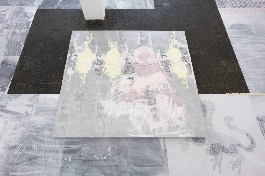 Melike Kara, «Emine`s Garden», exhibition view, 2023. With kars / goyan, 2023 (oil stick and acrylic on canvas, 180 x 150 cm). Photo: Kunst Halle Sankt Gallen, E. Sommer. Courtesy: the artist Jan Kaps, Cologne & Peres Projects, Berlin