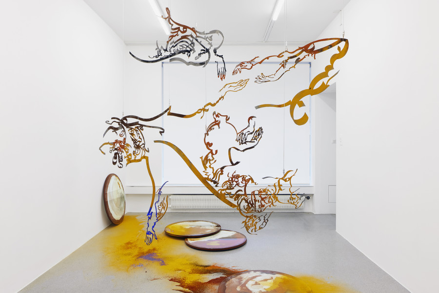 Monia Ben Hamouda, Installation view The Eye, the Hands, the Lunacy of Lunar Sightings, Solo show curated by Anissa Touati, jevouspropose, Zurich, 2022. Courtesy of the artist and ChertLüdde, Berlin. Photo: Hannes Heinzer